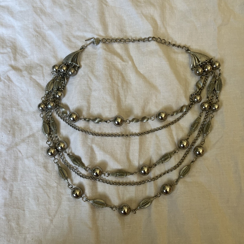 Vintage Silver toned Tribal Necklace Bellydance Costume Bib Bauble bead 5 Strand